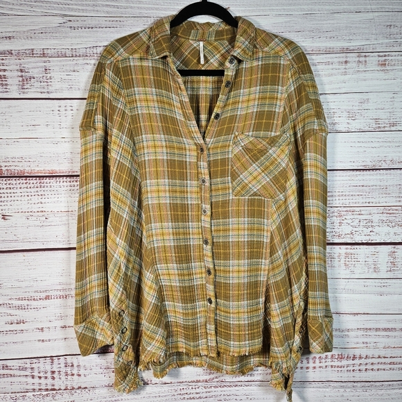 Free People olive green plaid button down top - Picture 3 of 16